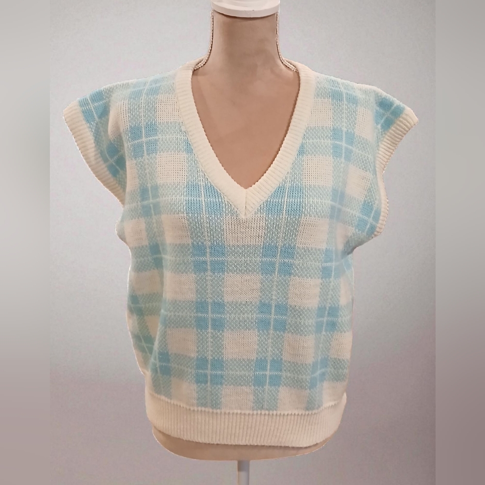 Vintage Quantum Blue White Plaid Sweater Vest Womans Large Sport Preppy Twee